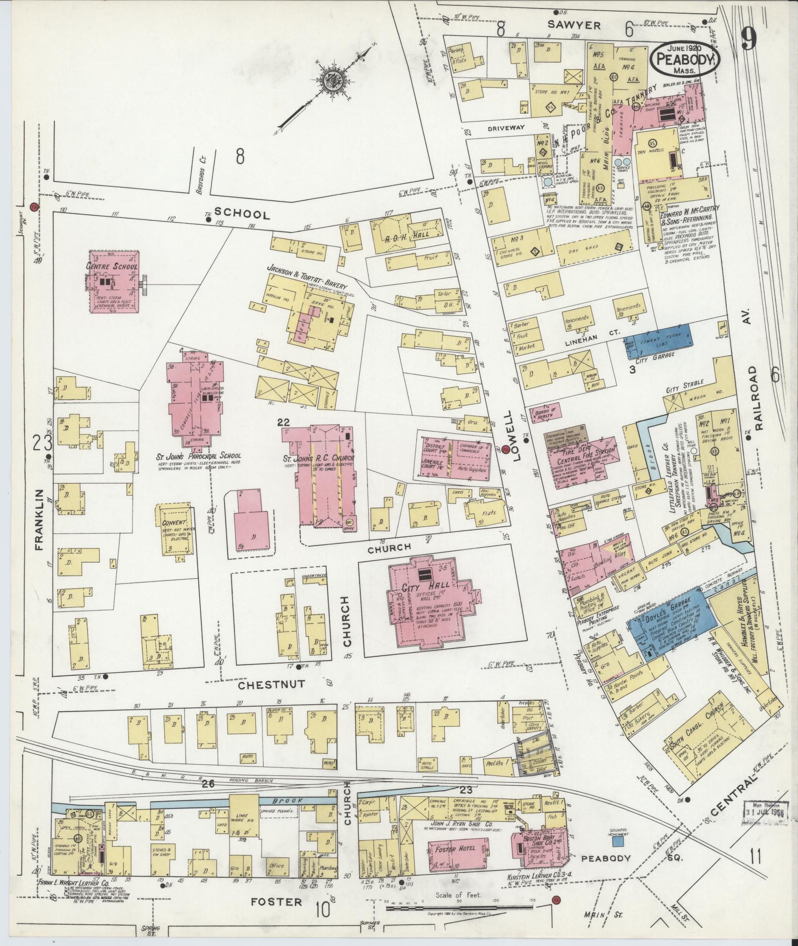 Sanborn Fire Insurance Map from Peabody, Essex County, Massachusetts (1920), Sheet #0009 - Complete Map Set gallery image, historic Sanborn map, vintage wall art, Massachusetts Massachusetts