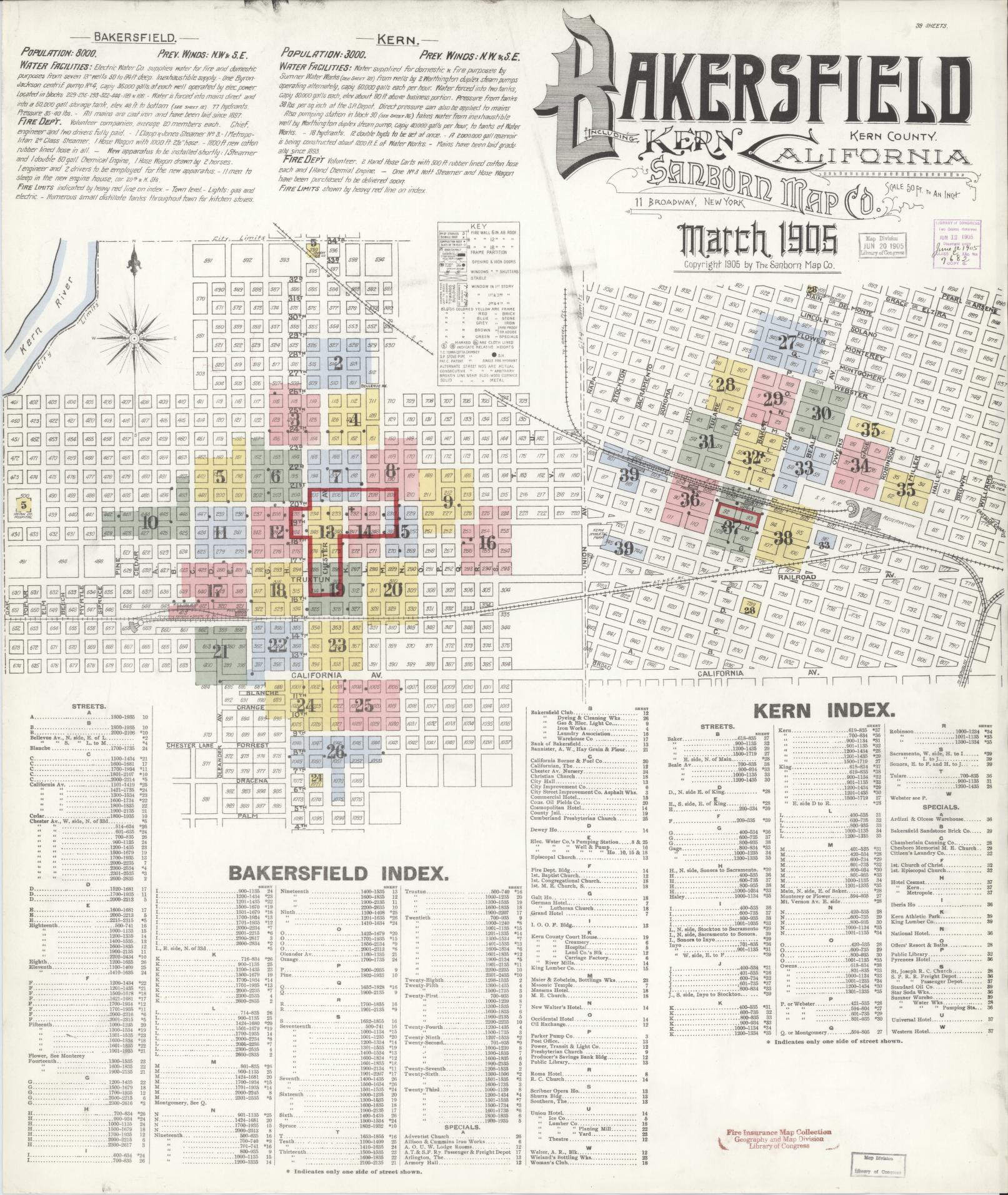 Sanborn Fire Insurance Map from Bakersfield, Kern County, California (1905), Sheet #0001 - Historic Sanborn Fire Insurance Map Print, vintage old map wall art, antique decor, genealogy gift, California California map