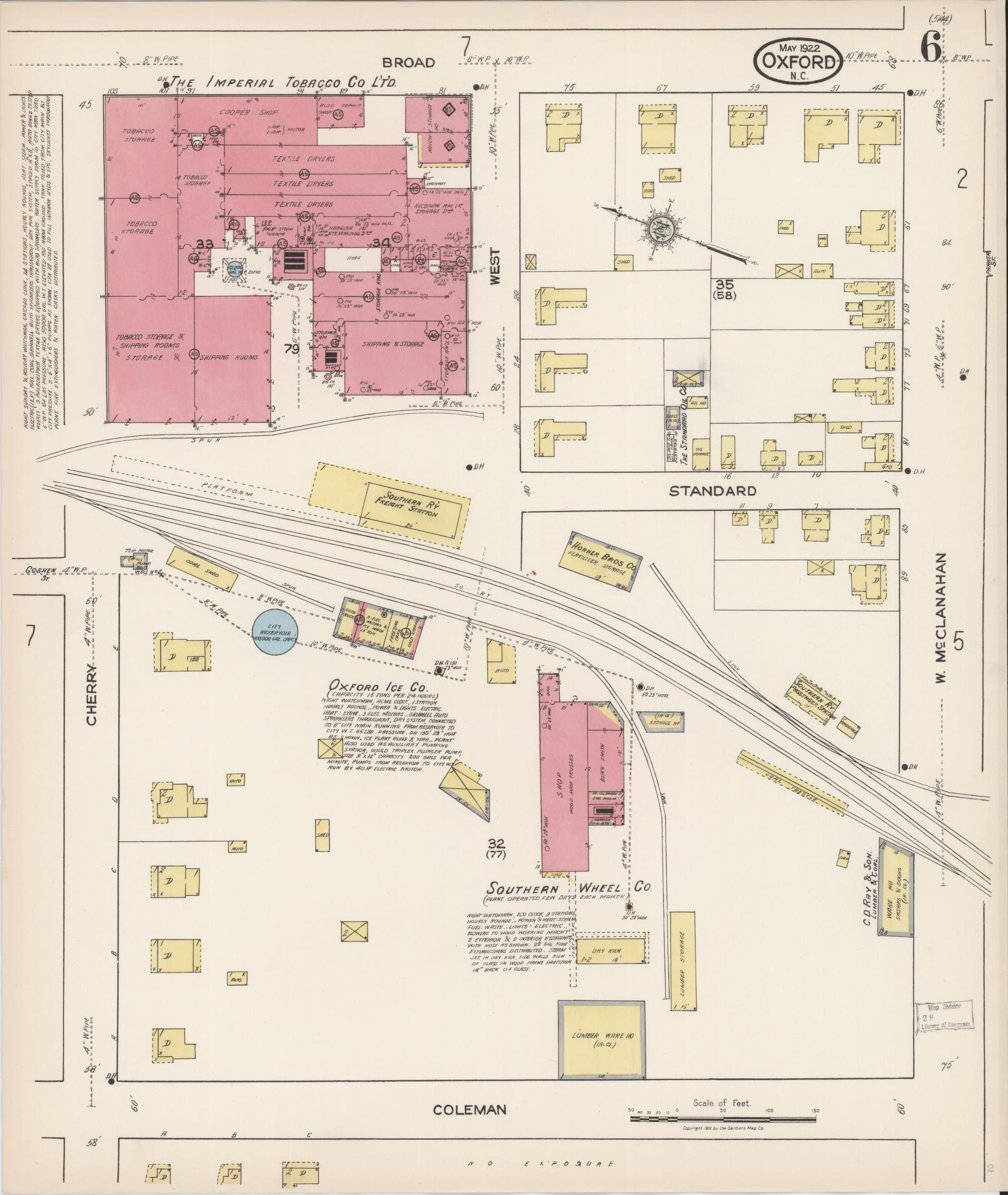 Sanborn Fire Insurance Map from Oxford, Granville County, North Carolina (1922), Sheet #0006 - Historic Sanborn Fire Insurance Map Print, vintage old map wall art, antique decor, genealogy gift, North Carolina North Carolina map