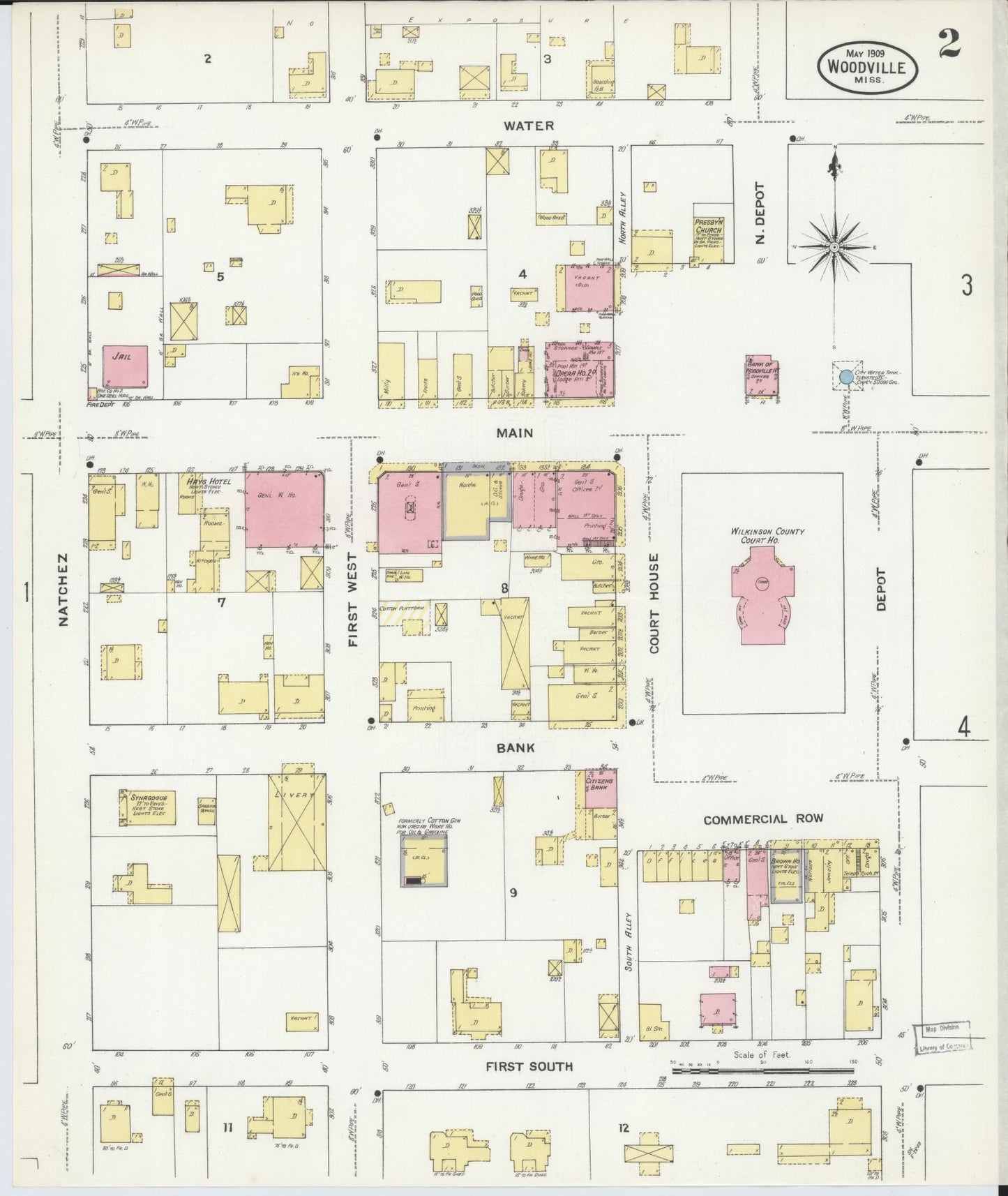 Sanborn Fire Insurance Map from Woodville, Wilkinson County, Mississippi (1909), Sheet #0002 - Complete Map Set gallery image, historic Sanborn map, vintage wall art, Mississippi Mississippi