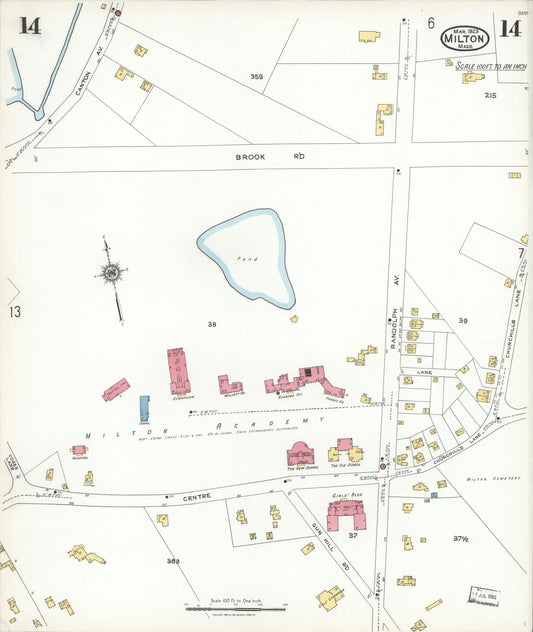 Sanborn Fire Insurance Map from Milton, Norfolk County, Massachusetts (1923), Sheet #0014 - Historic Sanborn Fire Insurance Map Print, vintage old map wall art, antique decor, genealogy gift, Massachusetts Massachusetts map