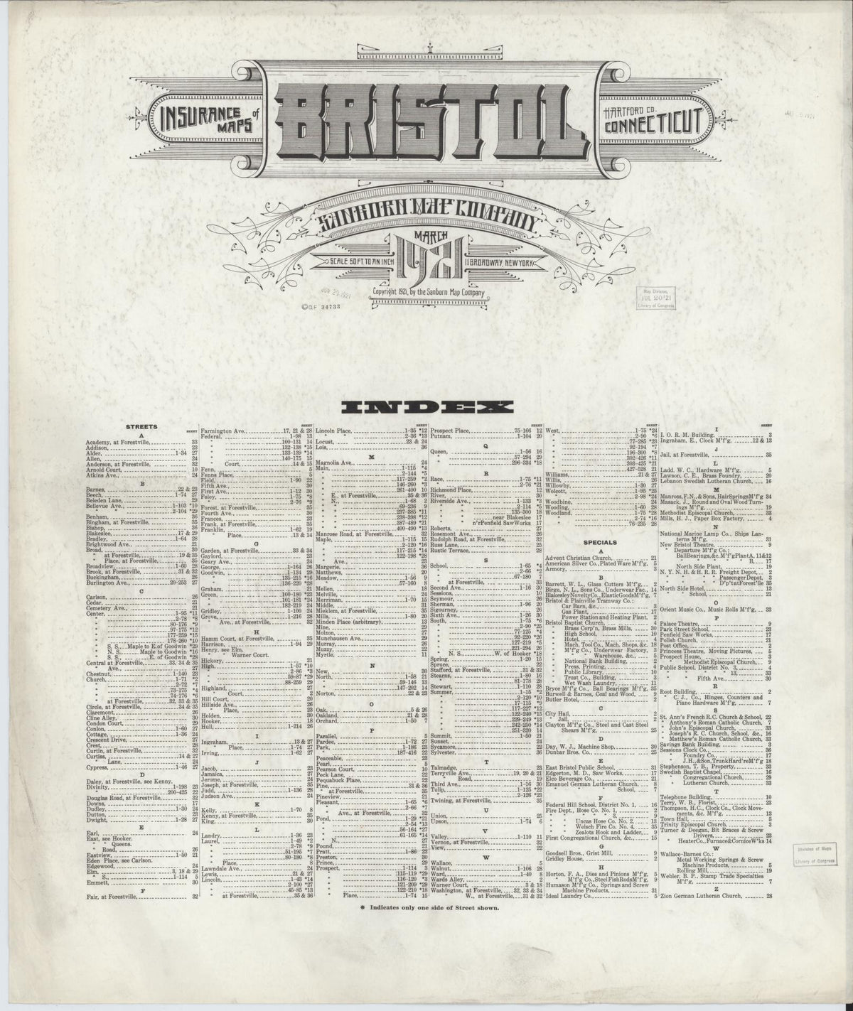 Sanborn Fire Insurance Map from Bristol, Hartford County, Connecticut (1921), Sheet #0001 - Historic Sanborn Fire Insurance Map Print, vintage old map wall art, antique decor, genealogy gift, Connecticut Connecticut map