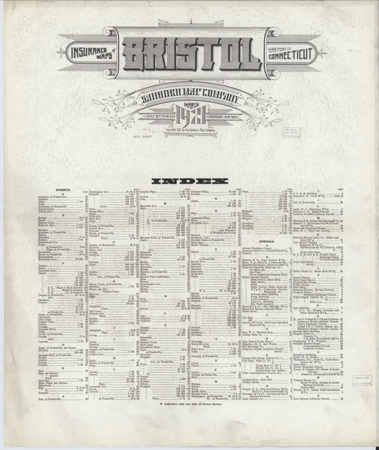 Sanborn Fire Insurance Map from Bristol, Hartford County, Connecticut (1921), Sheet #0001 - Historic Sanborn Fire Insurance Map Print, vintage old map wall art, antique decor, genealogy gift, Connecticut Connecticut map
