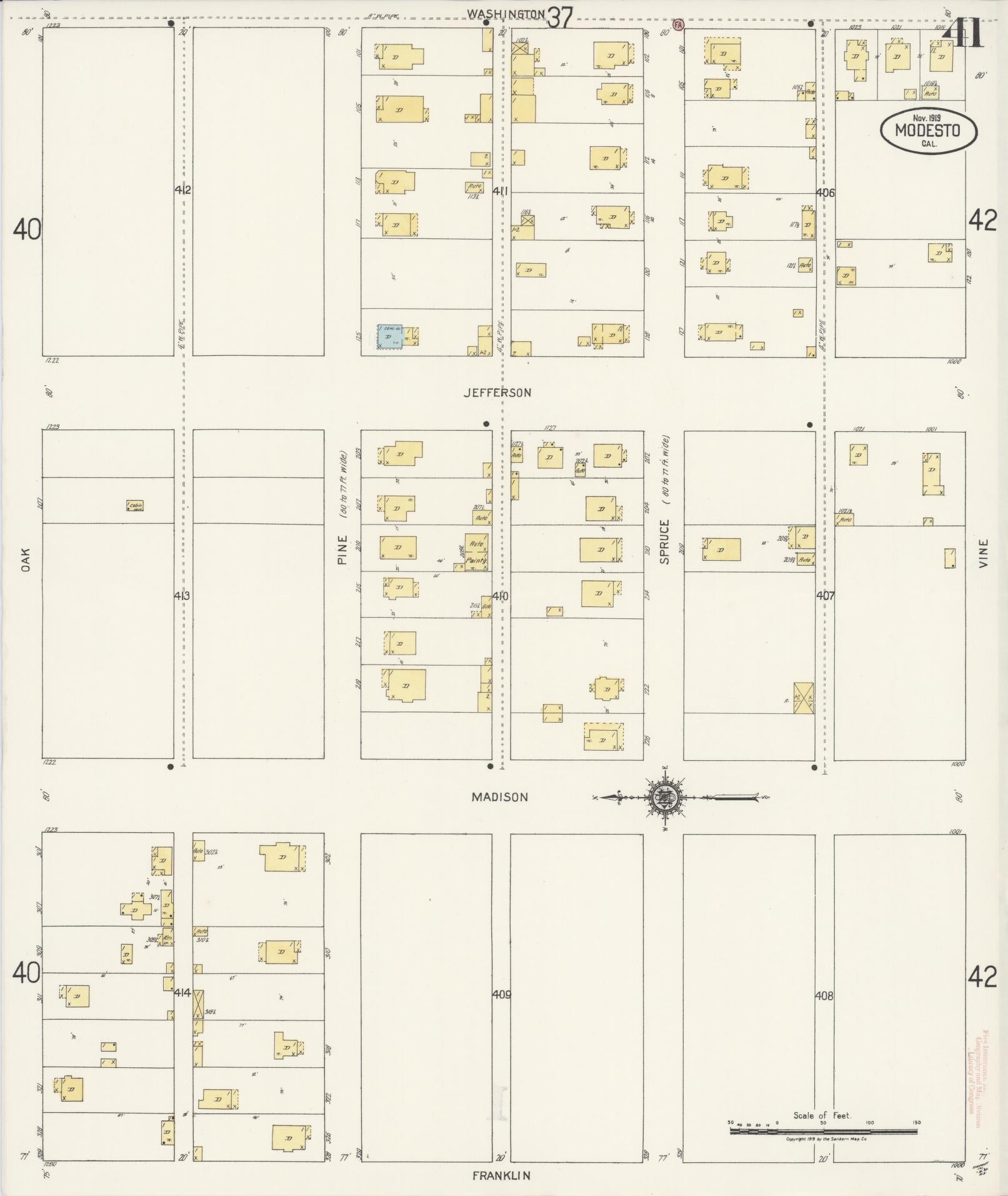 Sanborn Fire Insurance Map from Modesto, Stanislaus County, California (1919), Sheet #0041 - Complete Map Set gallery image, historic Sanborn map, vintage wall art, California California