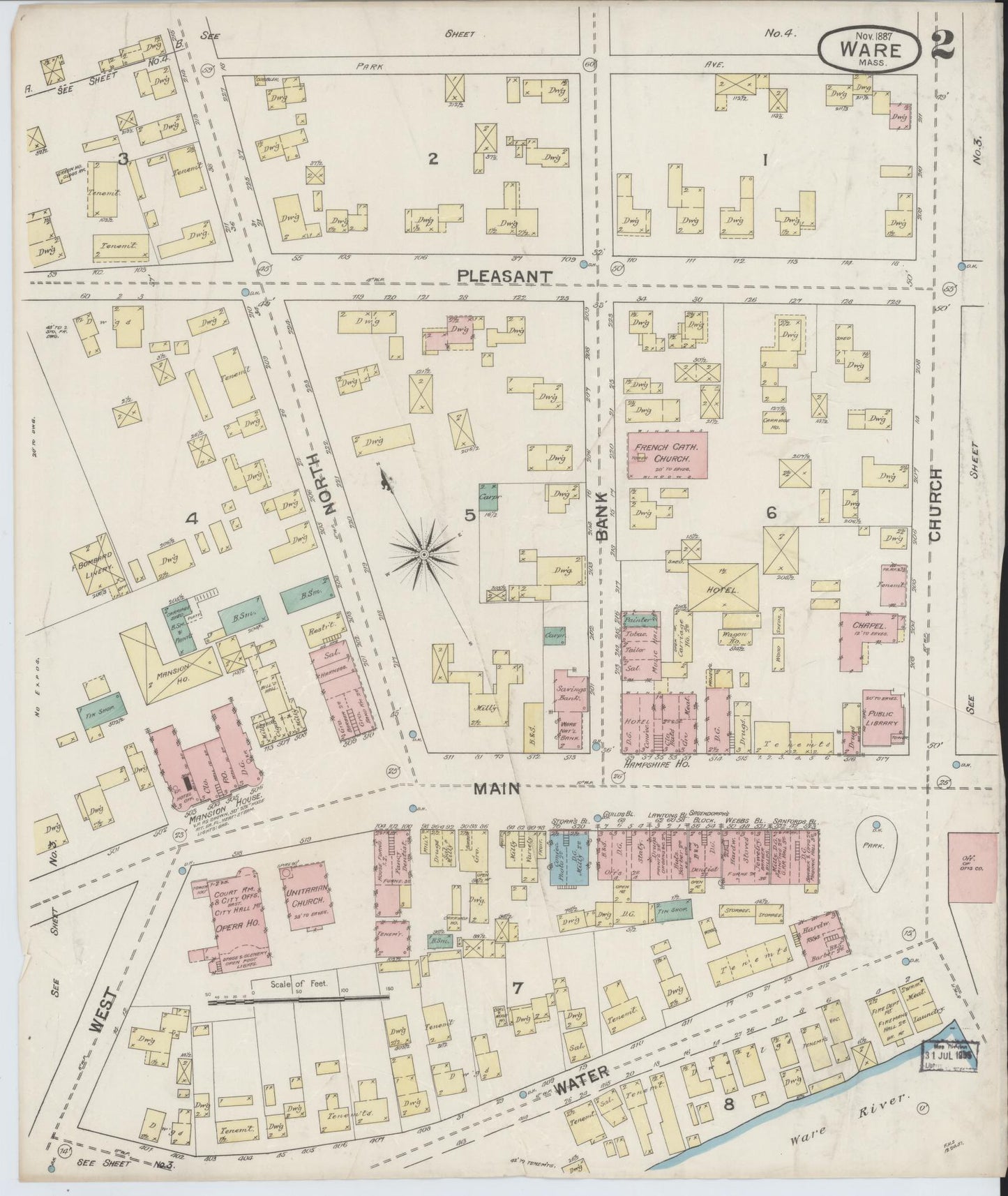 Sanborn Fire Insurance Map from Ware, Hampshire County, Massachusetts (1887), Sheet #0002 - Complete Map Set gallery image, historic Sanborn map, vintage wall art, Massachusetts Massachusetts