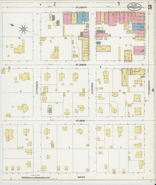 Sanborn Fire Insurance Map from Gonzales, Gonzales County, Texas (1902), Sheet #0003 - Historic Sanborn Fire Insurance Map Print, vintage old map wall art, antique decor, genealogy gift, Texas Texas map