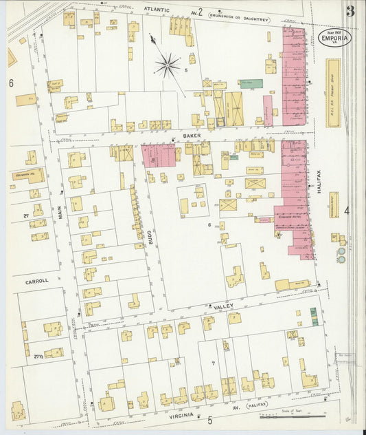 Sanborn Fire Insurance Map from Emporia, Independent Cities, Virginia (1909), Sheet #0003 - Historic Sanborn Fire Insurance Map Print, vintage old map wall art, antique decor, genealogy gift, Virginia Virginia map
