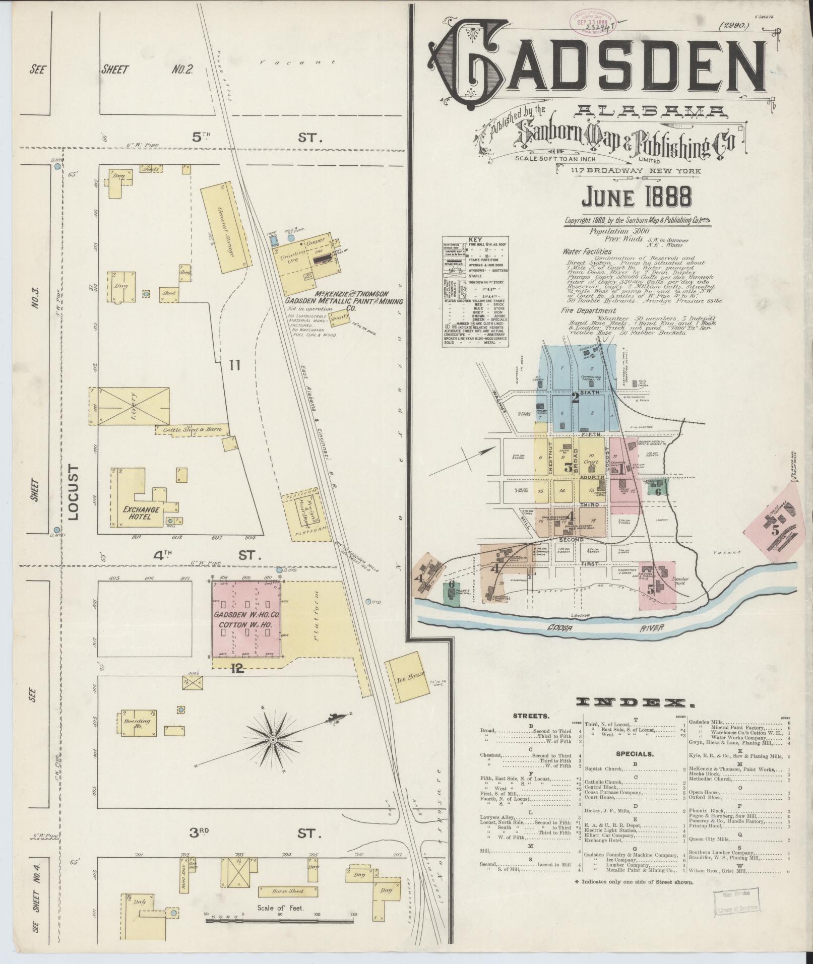 Sanborn Fire Insurance Map from Gadsden, Etowah County, Alabama (1888), Sheet #0001 - Historic Sanborn Fire Insurance Map Print, vintage old map wall art, antique decor, genealogy gift, Alabama Alabama map