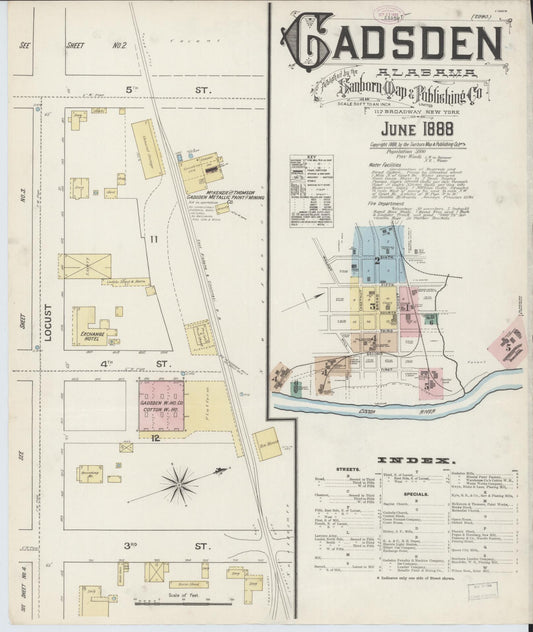 Sanborn Fire Insurance Map from Gadsden, Etowah County, Alabama (1888), Sheet #0001 - Historic Sanborn Fire Insurance Map Print, vintage old map wall art, antique decor, genealogy gift, Alabama Alabama map