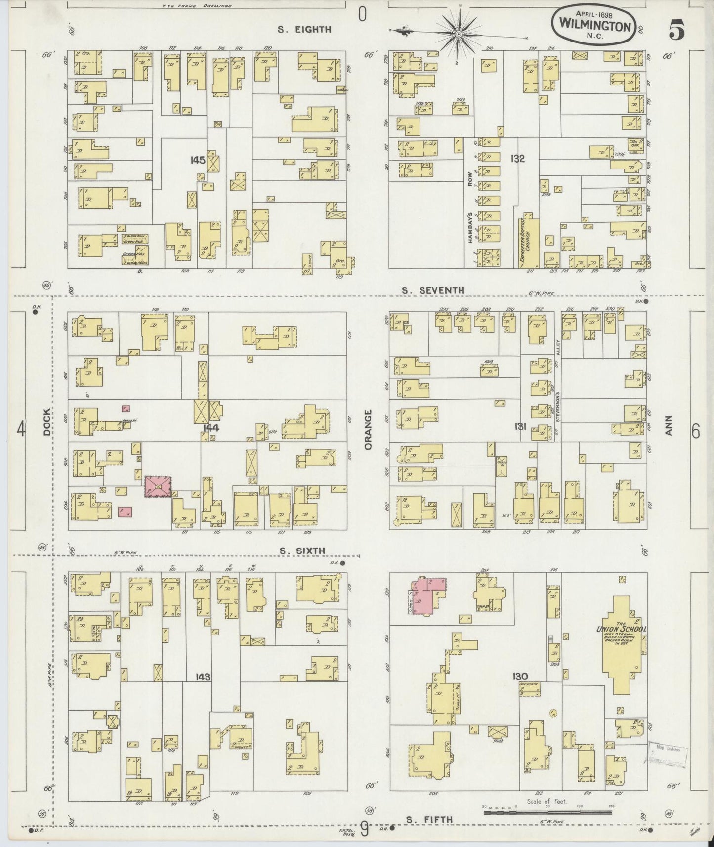 Sanborn Fire Insurance Map from Wilmington, New Hanover County, North Carolina (1898), Sheet #0005 - Historic Sanborn Fire Insurance Map Print, vintage old map wall art, antique decor, genealogy gift, North Carolina North Carolina map