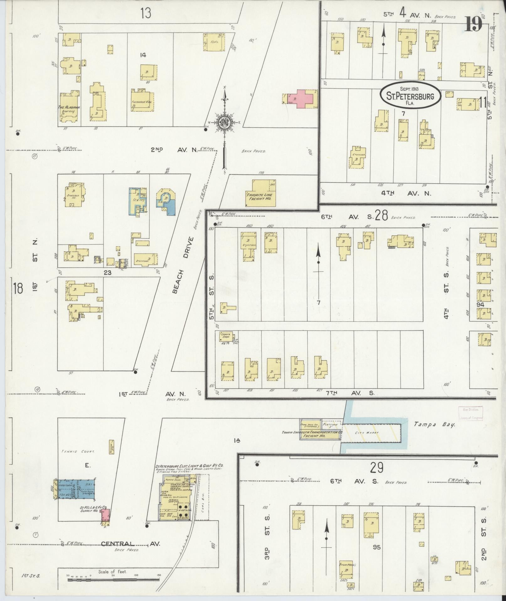 Sanborn Fire Insurance Map from Saint Petersburg, Pinellas County, Florida (1913), Sheet #0019 - Historic Sanborn Fire Insurance Map Print, vintage old map wall art, antique decor, genealogy gift, Florida Florida map