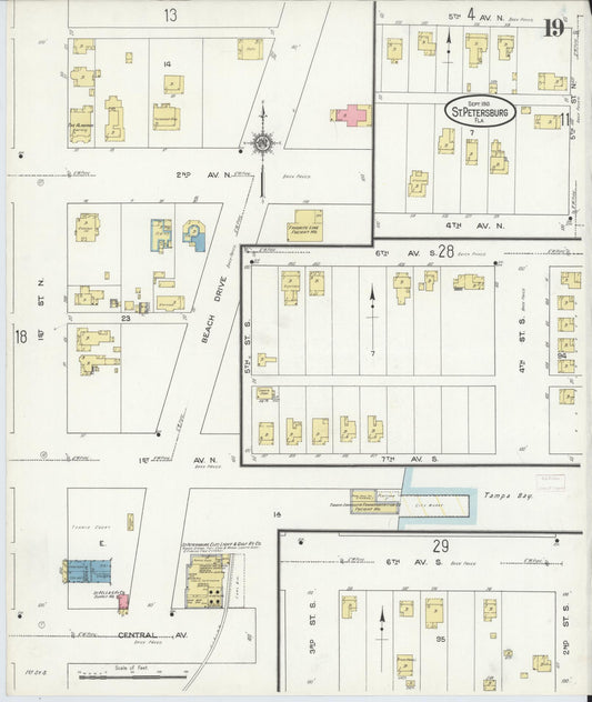 Sanborn Fire Insurance Map from Saint Petersburg, Pinellas County, Florida (1913), Sheet #0019 - Historic Sanborn Fire Insurance Map Print, vintage old map wall art, antique decor, genealogy gift, Florida Florida map