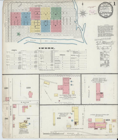 Sanborn Fire Insurance Map from Laredo, Webb County, Texas (1894), Sheet #0001 - Historic Sanborn Fire Insurance Map Print, vintage old map wall art, antique decor, genealogy gift, Texas Texas map