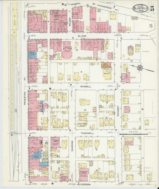 Sanborn Fire Insurance Map from Bluefield, Mercer County, West Virginia (1914), Sheet #0005 - Historic Sanborn Fire Insurance Map Print, vintage old map wall art, antique decor, genealogy gift, West Virginia West Virginia map