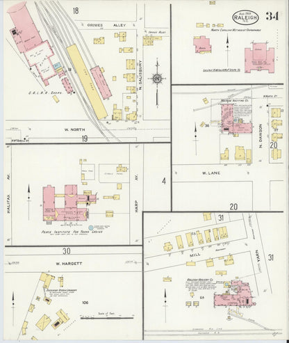 Sanborn Fire Insurance Map from Raleigh, Wake County, North Carolina (1909), Sheet #0034 - Historic Sanborn Fire Insurance Map Print, vintage old map wall art, antique decor, genealogy gift, North Carolina North Carolina map