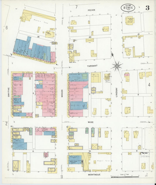 Sanborn Fire Insurance Map from Bowie, Montague County, Texas (1908), Sheet #0003 - Historic Sanborn Fire Insurance Map Print, vintage old map wall art, antique decor, genealogy gift, Texas Texas map