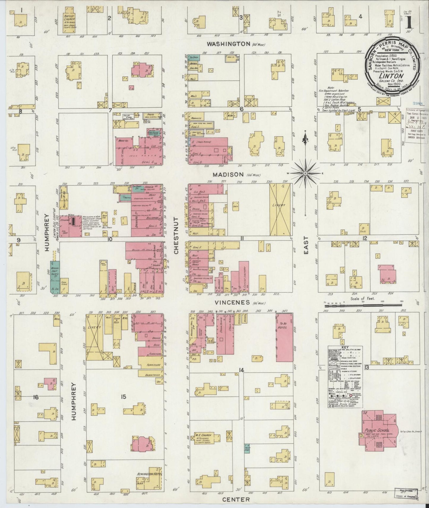 Sanborn Fire Insurance Map from Linton, Greene County, Indiana (1900), Sheet #0001 - Complete Map Set gallery image, historic Sanborn map, vintage wall art, Indiana Indiana