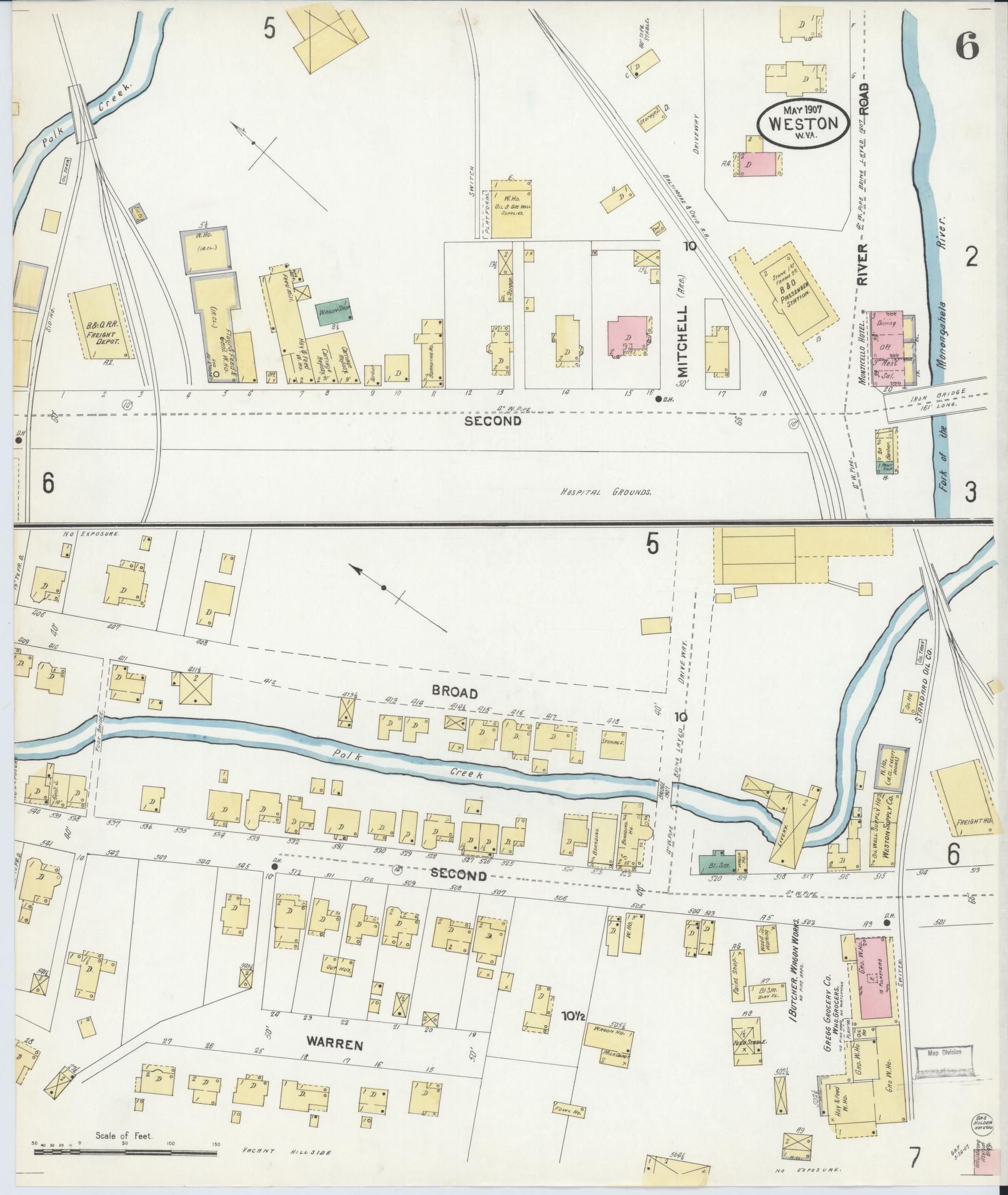 Sanborn Fire Insurance Map from Weston, Lewis County, West Virginia (1907), Sheet #0006 - Historic Sanborn Fire Insurance Map Print, vintage old map wall art, antique decor, genealogy gift, West Virginia West Virginia map