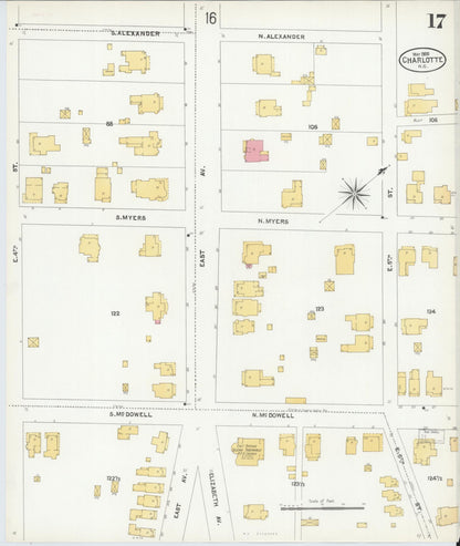 Sanborn Fire Insurance Map from Charlotte, Mecklenburg County, North Carolina (1905), Sheet #0017 - Historic Sanborn Fire Insurance Map Print, vintage old map wall art, antique decor, genealogy gift, North Carolina North Carolina map