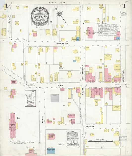 Sanborn Fire Insurance Map from Lewisburg, Greenbrier County, West Virginia (1923), Sheet #0001 - Complete Map Set gallery image, historic Sanborn map, vintage wall art, West Virginia West Virginia