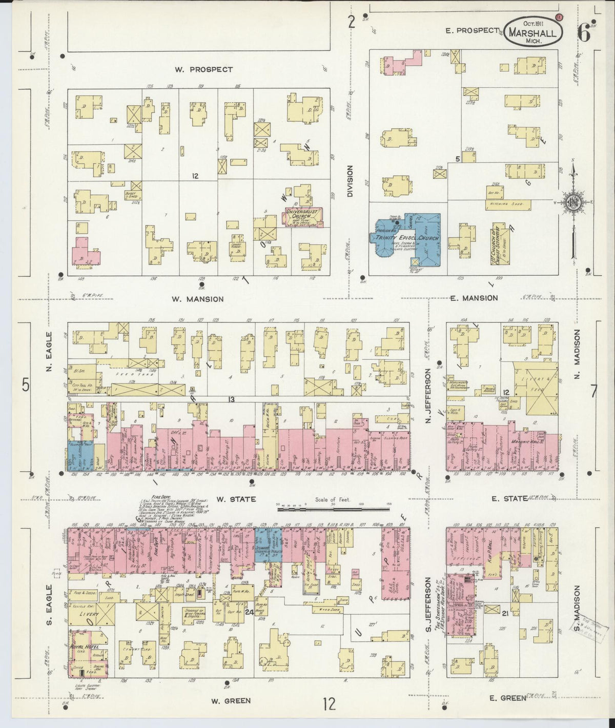 Sanborn Fire Insurance Map from Marshall, Calhoun County, Michigan (1911), Sheet #0006 - Historic Sanborn Fire Insurance Map Print, vintage old map wall art, antique decor, genealogy gift, Michigan Michigan map