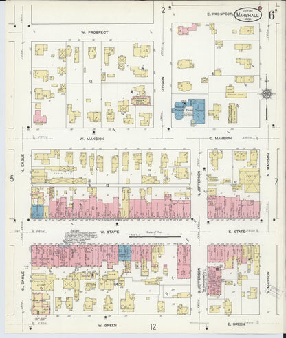 Sanborn Fire Insurance Map from Marshall, Calhoun County, Michigan (1911), Sheet #0006 - Historic Sanborn Fire Insurance Map Print, vintage old map wall art, antique decor, genealogy gift, Michigan Michigan map