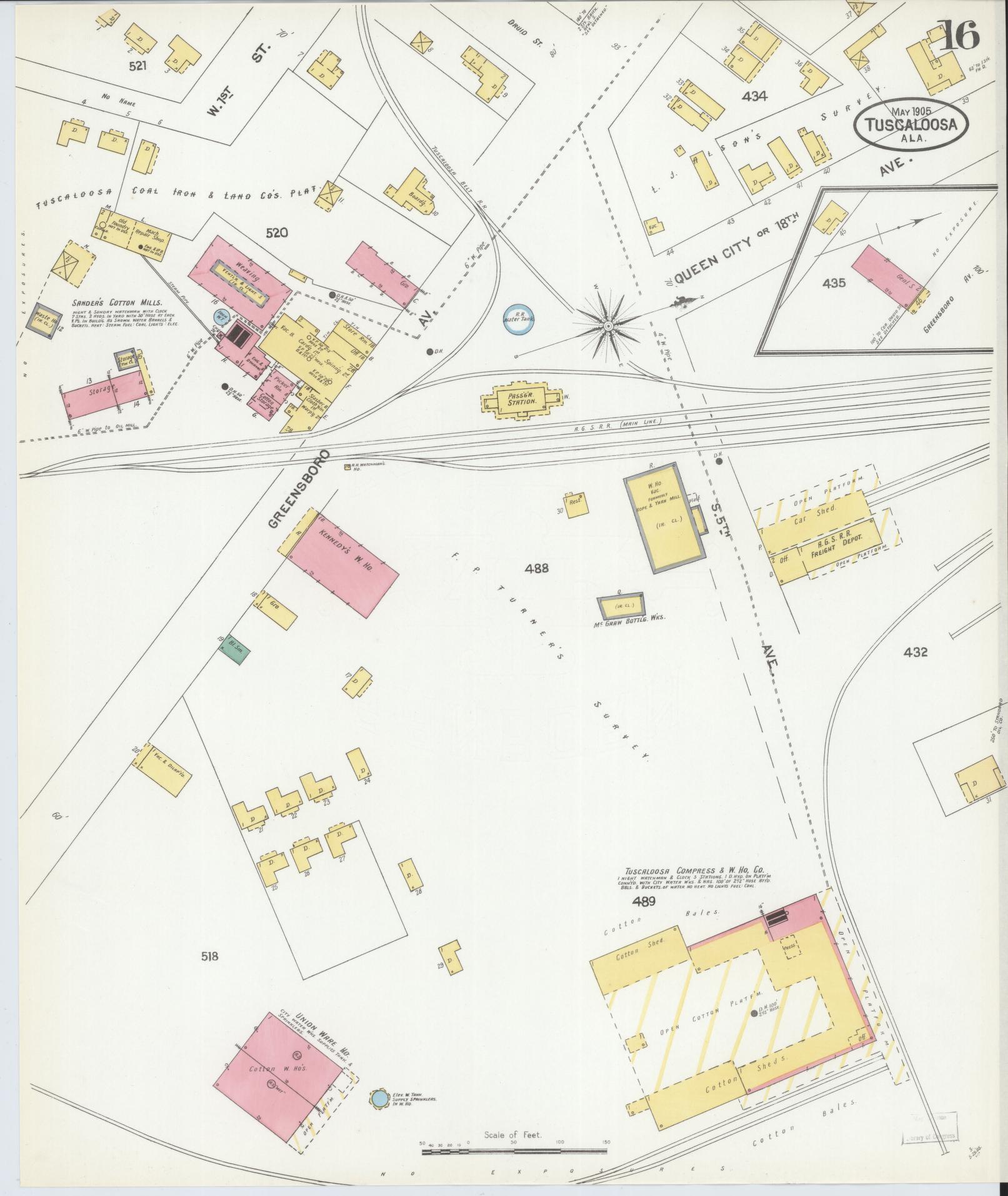 Sanborn Fire Insurance Map from Tuscaloosa, Tuscaloosa County, Alabama (1905), Sheet #0016 - Historic Sanborn Fire Insurance Map Print, vintage old map wall art, antique decor, genealogy gift, Alabama Alabama map