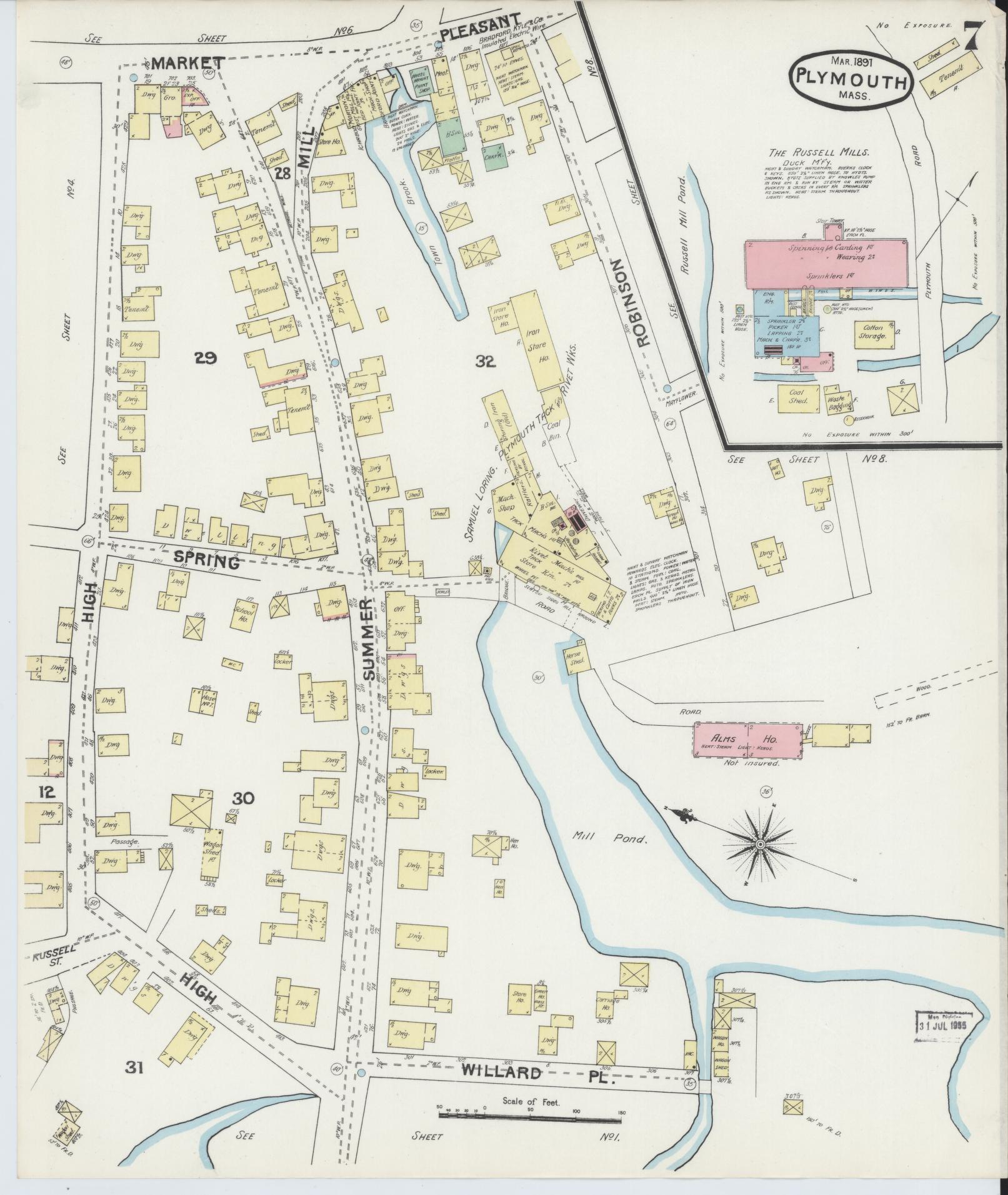 Sanborn Fire Insurance Map from Plymouth, Plymouth County, Massachusetts (1891), Sheet #0007 - Historic Sanborn Fire Insurance Map Print, vintage old map wall art, antique decor, genealogy gift, Massachusetts Massachusetts map