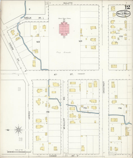 Sanborn Fire Insurance Map from Walla Walla, Walla Walla County, Washington (1894), Sheet #0012 - Historic Sanborn Fire Insurance Map Print, vintage old map wall art, antique decor, genealogy gift, Washington Washington map