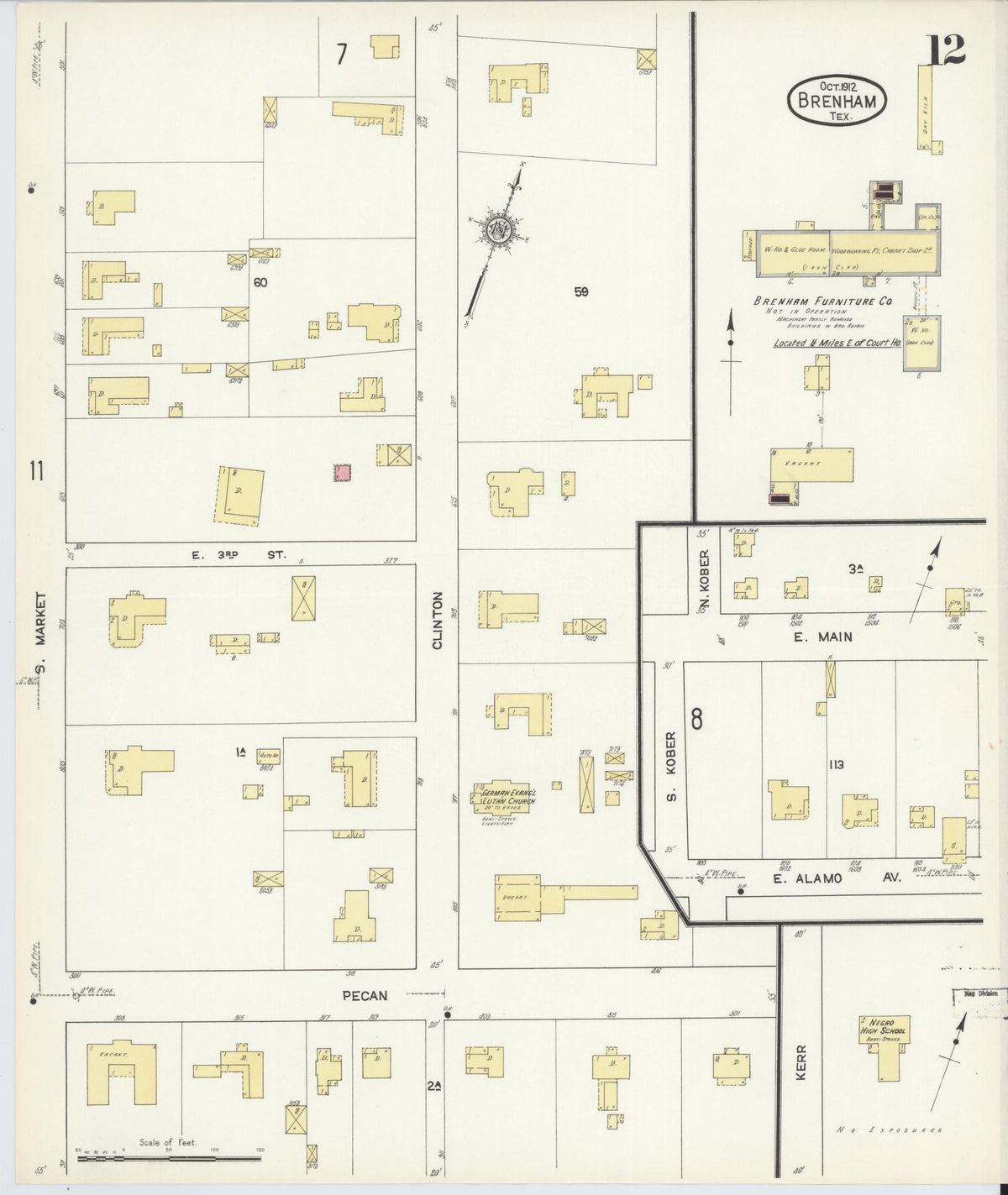 Sanborn Fire Insurance Map from Brenham, Washington County, Texas (1912), Sheet #0012 - Complete Map Set gallery image, historic Sanborn map, vintage wall art, Texas Texas