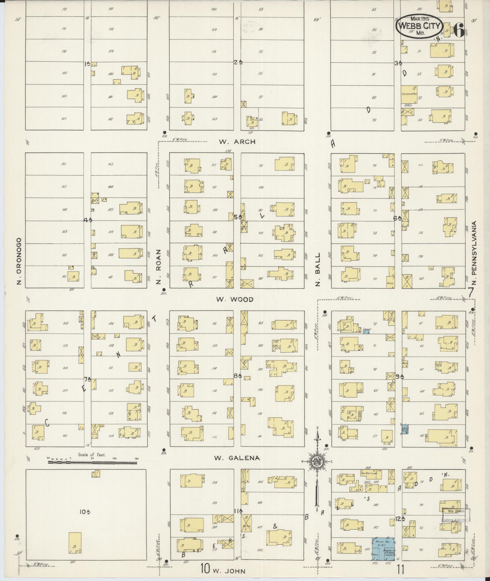 Sanborn Fire Insurance Map from Webb City, Jasper County, Missouri (1915), Sheet #0006 - Complete Map Set gallery image, historic Sanborn map, vintage wall art, Missouri Missouri