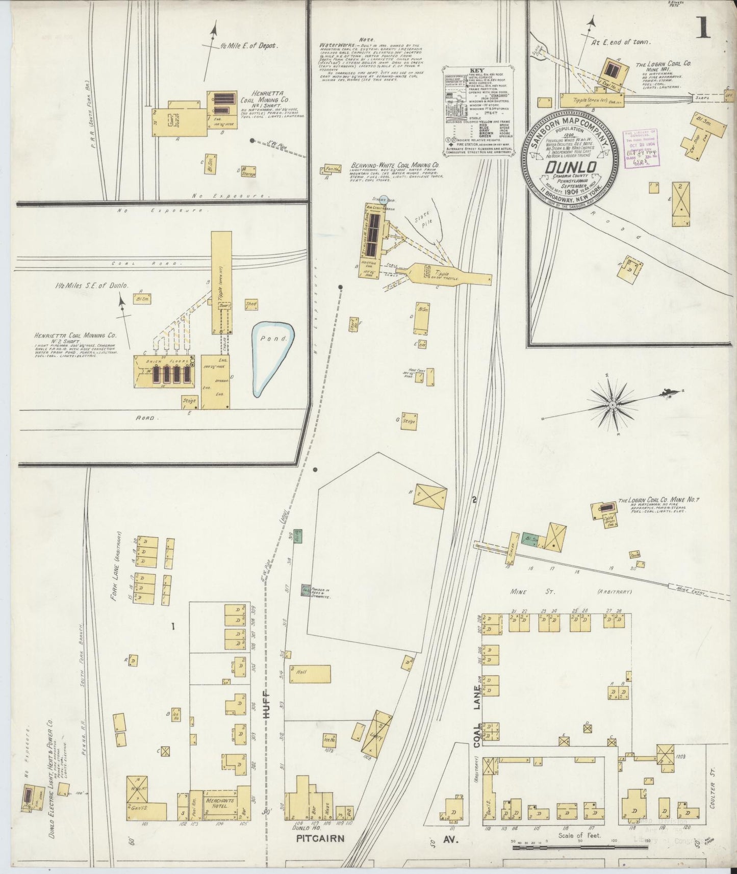 Sanborn Fire Insurance Map from Dunlo, Cambria County, Pennsylvania (1904), Sheet #0001 - Historic Sanborn Fire Insurance Map Print, vintage old map wall art, antique decor, genealogy gift, Pennsylvania Pennsylvania map