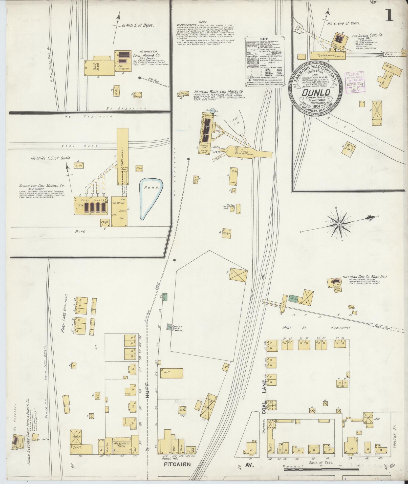 Sanborn Fire Insurance Map from Dunlo, Cambria County, Pennsylvania (1904), Sheet #0001 - Historic Sanborn Fire Insurance Map Print, vintage old map wall art, antique decor, genealogy gift, Pennsylvania Pennsylvania map