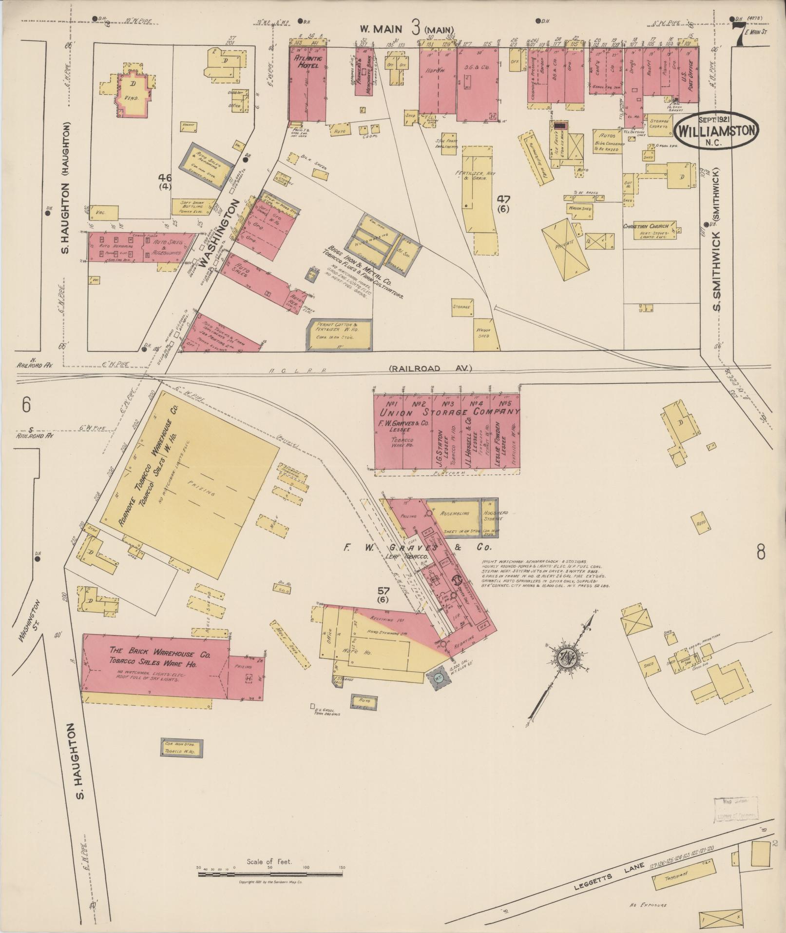 Sanborn Fire Insurance Map from Williamston, Martin County, North Carolina (1921), Sheet #0007 - Complete Map Set gallery image, historic Sanborn map, vintage wall art, North Carolina North Carolina