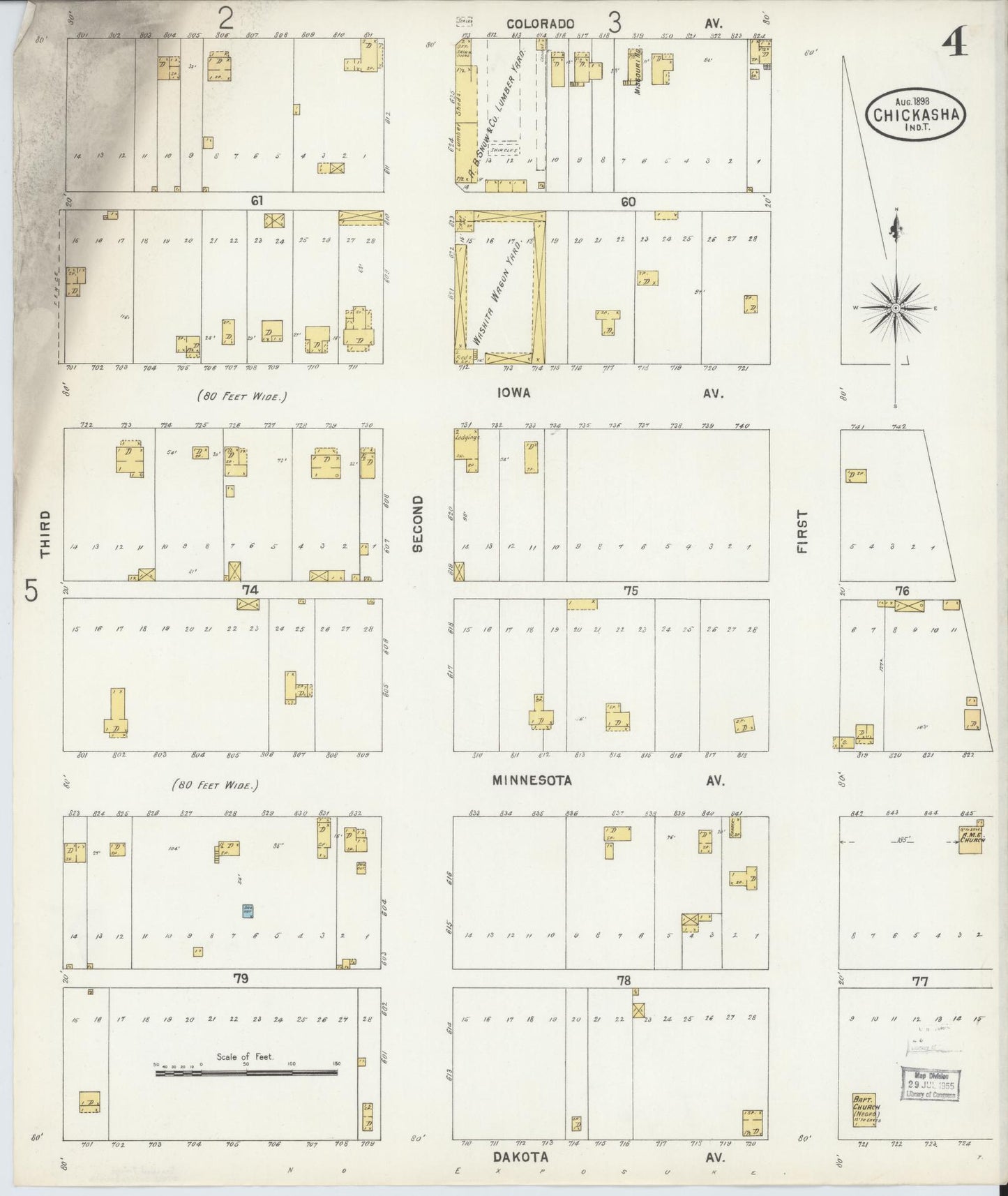 Sanborn Fire Insurance Map from Chickasha, Grady County, Oklahoma (1898), Sheet #0004 - Complete Map Set gallery image, historic Sanborn map, vintage wall art, Oklahoma Oklahoma