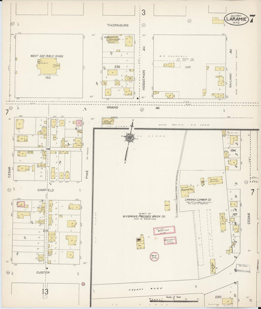 Sanborn Fire Insurance Map from Laramie, Albany County, Wyoming (1912), Sheet #0007 - Historic Sanborn Fire Insurance Map Print, vintage old map wall art, antique decor, genealogy gift, Wyoming Wyoming map