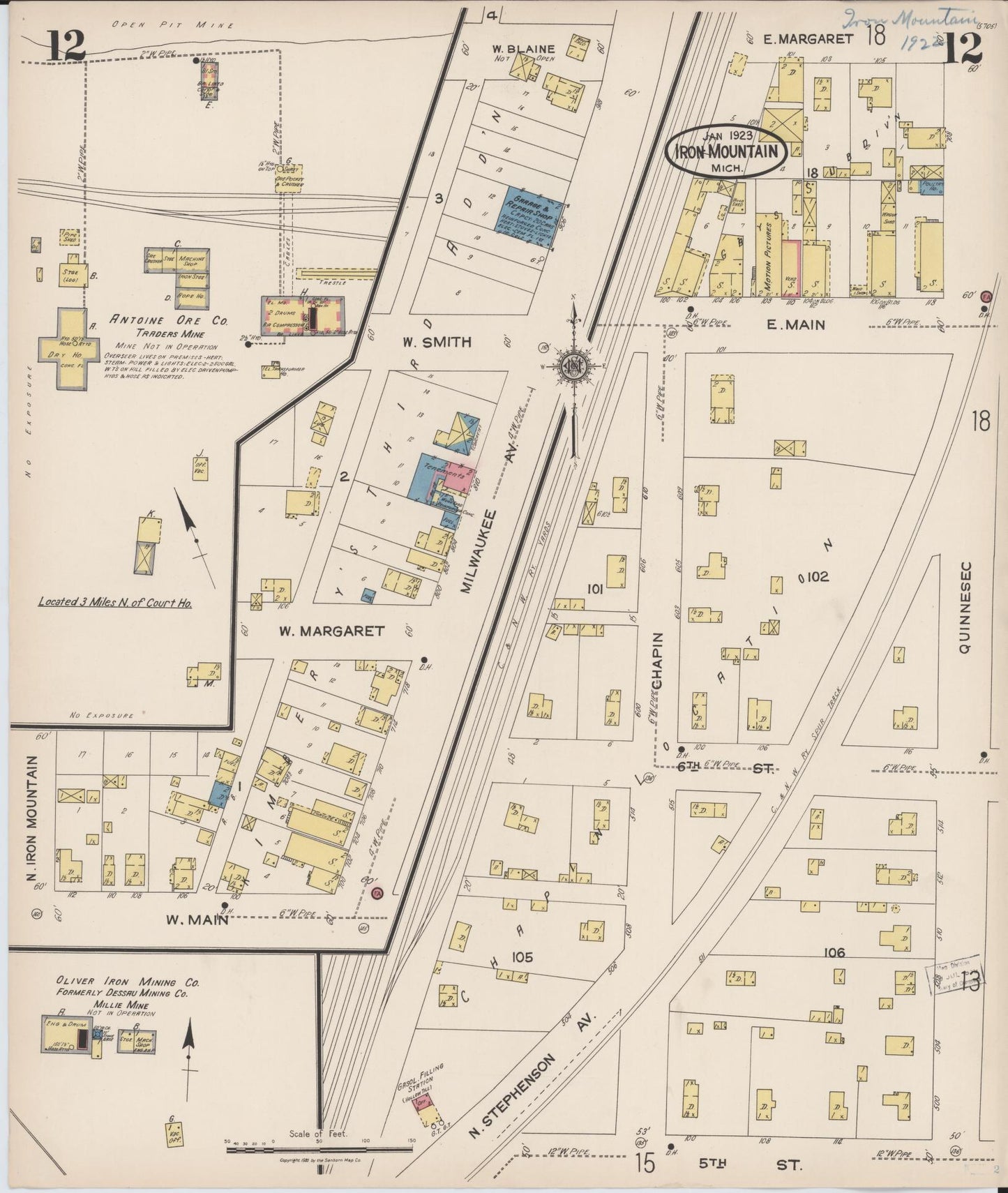 Sanborn Fire Insurance Map from Iron Mountain, Dickinson County, Michigan (1923), Sheet #0012 - Complete Map Set gallery image, historic Sanborn map, vintage wall art, Michigan Michigan