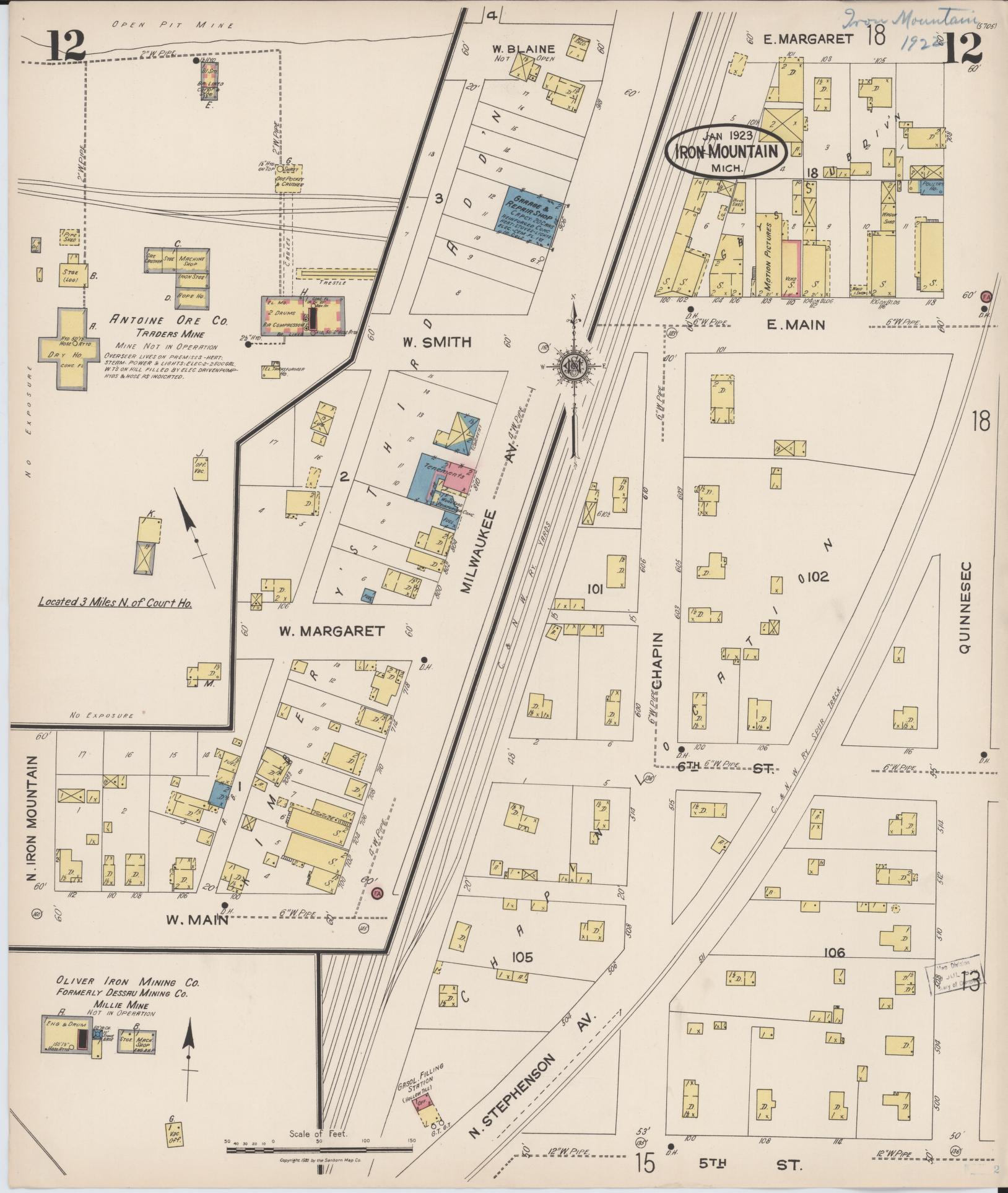 Sanborn Fire Insurance Map from Iron Mountain, Dickinson County, Michigan (1923), Sheet #0012 - Complete Map Set gallery image, historic Sanborn map, vintage wall art, Michigan Michigan