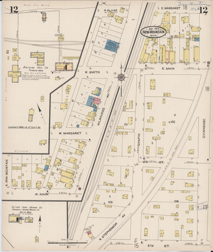 Sanborn Fire Insurance Map from Iron Mountain, Dickinson County, Michigan (1923), Sheet #0012 - Complete Map Set gallery image, historic Sanborn map, vintage wall art, Michigan Michigan