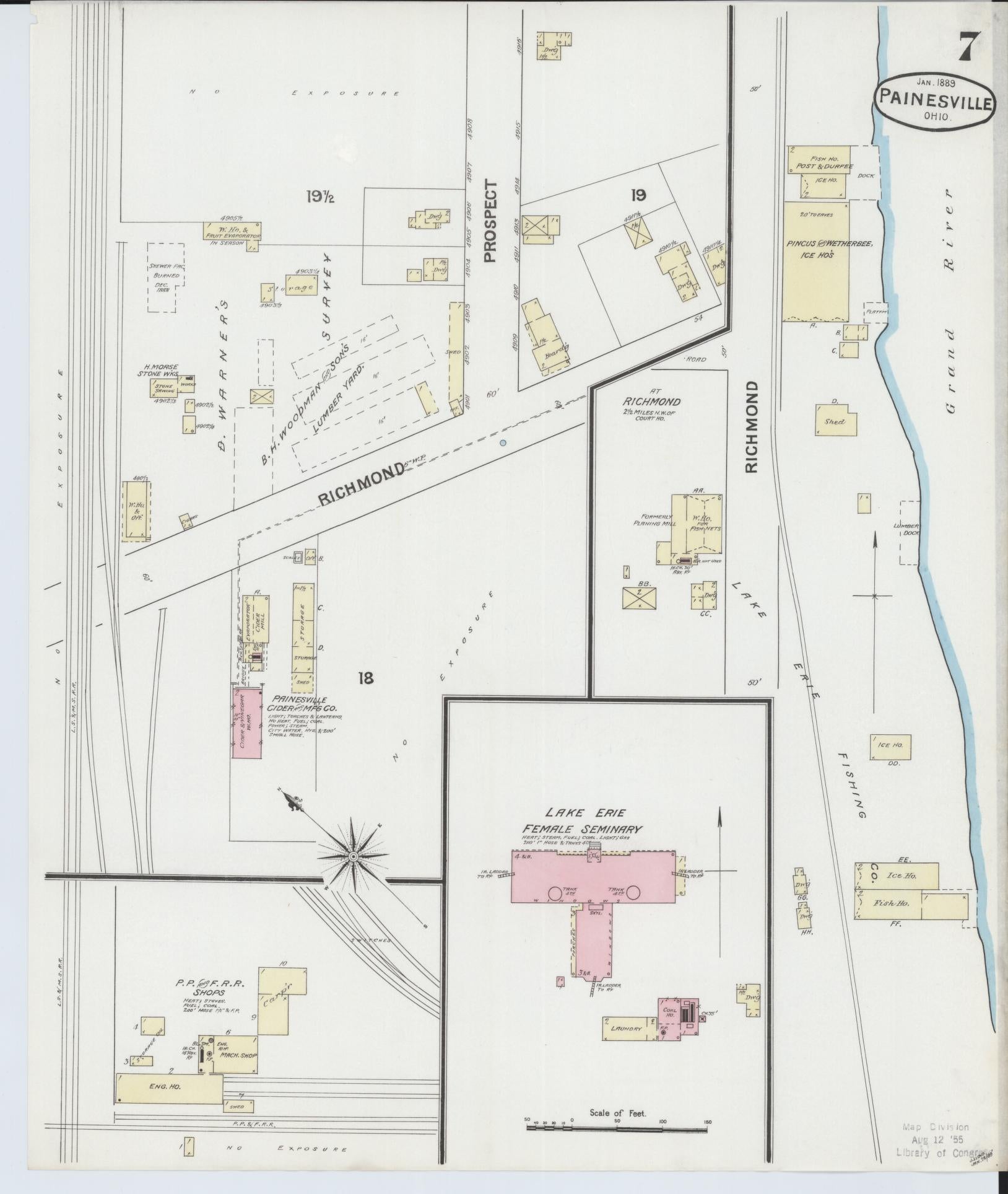 Sanborn Fire Insurance Map from Painesville, Lake County, Ohio (1889), Sheet #0007 - Historic Sanborn Fire Insurance Map Print, vintage old map wall art, antique decor, genealogy gift, Ohio Ohio map