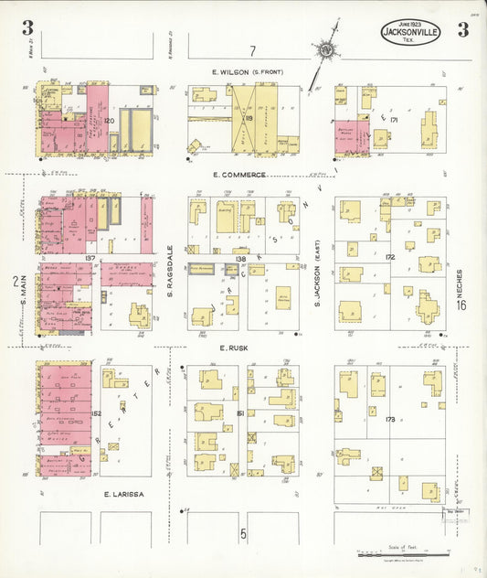 Sanborn Fire Insurance Map from Jacksonville, Cherokee County, Texas (1923), Sheet #0003 - Historic Sanborn Fire Insurance Map Print, vintage old map wall art, antique decor, genealogy gift, Texas Texas map