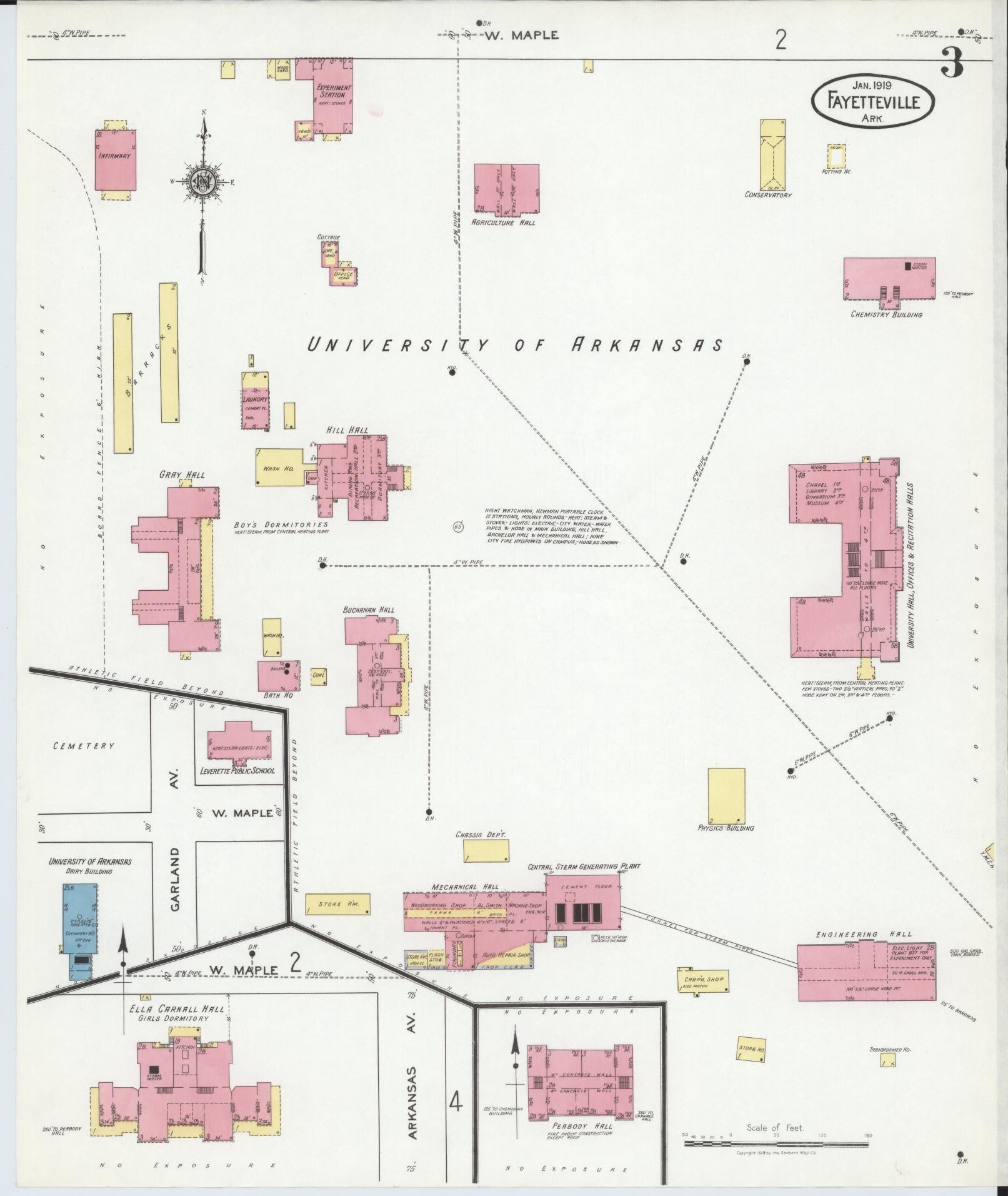 Sanborn Fire Insurance Map from Fayetteville, Washington County, Arkansas (1919), Sheet #0003 - Historic Sanborn Fire Insurance Map Print, vintage old map wall art, antique decor, genealogy gift, Arkansas Arkansas map