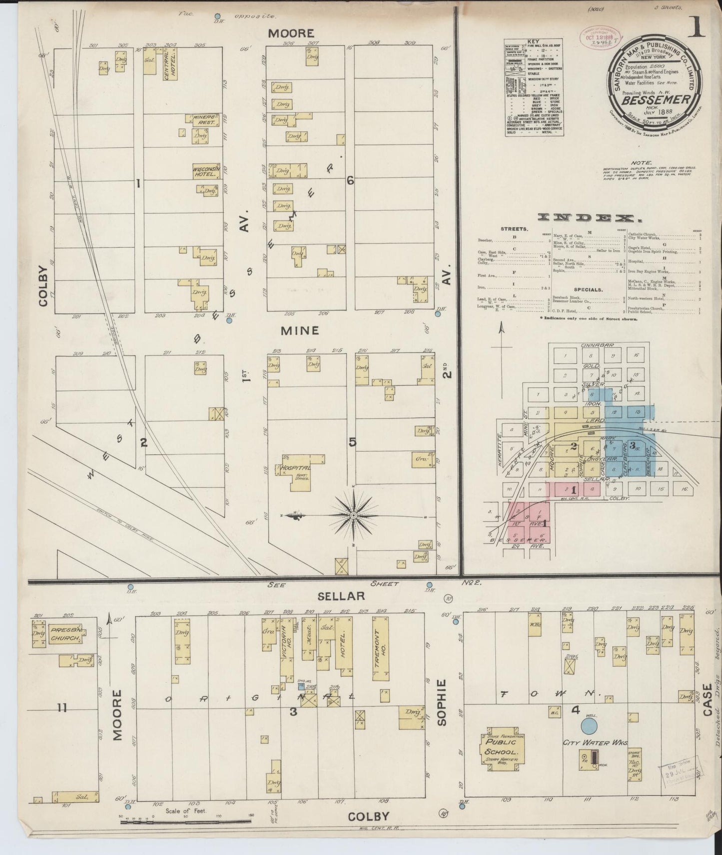 Sanborn Fire Insurance Map from Bessemer, Gogebic County, Michigan (1888), Sheet #0001 - Historic Sanborn Fire Insurance Map Print, vintage old map wall art, antique decor, genealogy gift, Michigan Michigan map