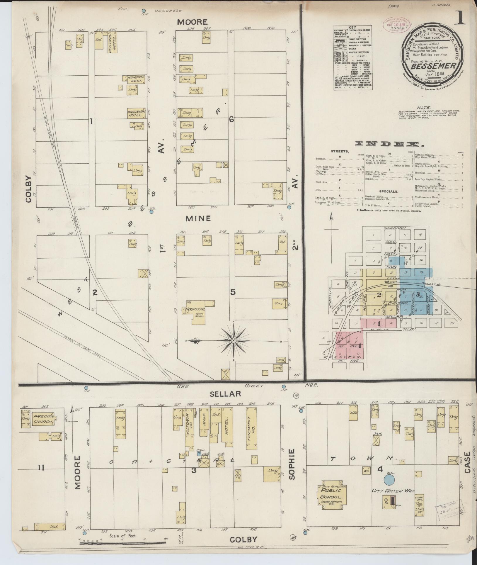Sanborn Fire Insurance Map from Bessemer, Gogebic County, Michigan (1888), Sheet #0001 - Historic Sanborn Fire Insurance Map Print, vintage old map wall art, antique decor, genealogy gift, Michigan Michigan map