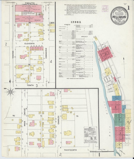 Sanborn Fire Insurance Map from Wellsburg, Brooke County, West Virginia (1907), Sheet #0001 - Historic Sanborn Fire Insurance Map Print, vintage old map wall art, antique decor, genealogy gift, West Virginia West Virginia map