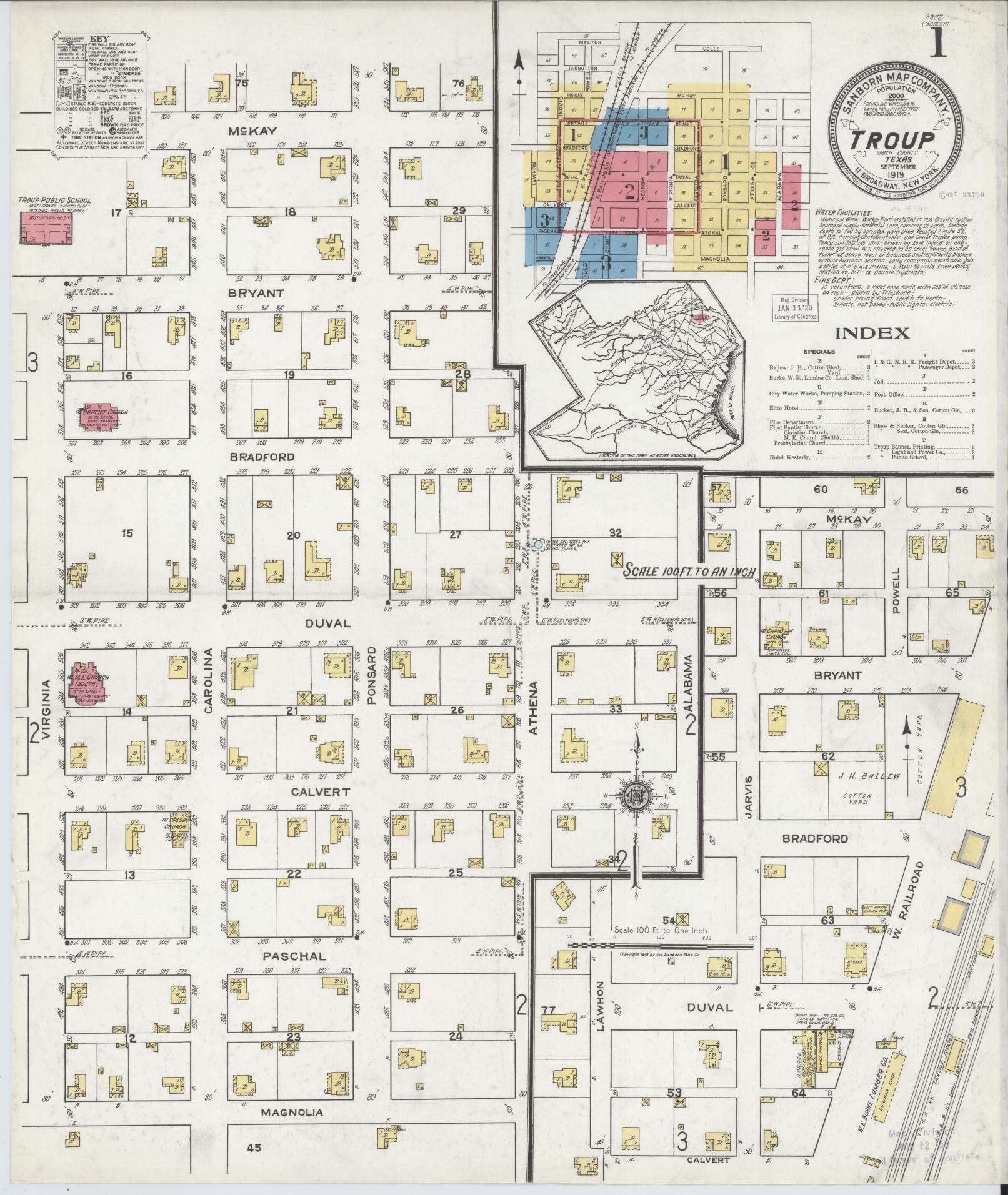 Sanborn Fire Insurance Map from Troup, Smith County, Texas (1919), Sheet #0001 - Historic Sanborn Fire Insurance Map Print, vintage old map wall art, antique decor, genealogy gift, Texas Texas map