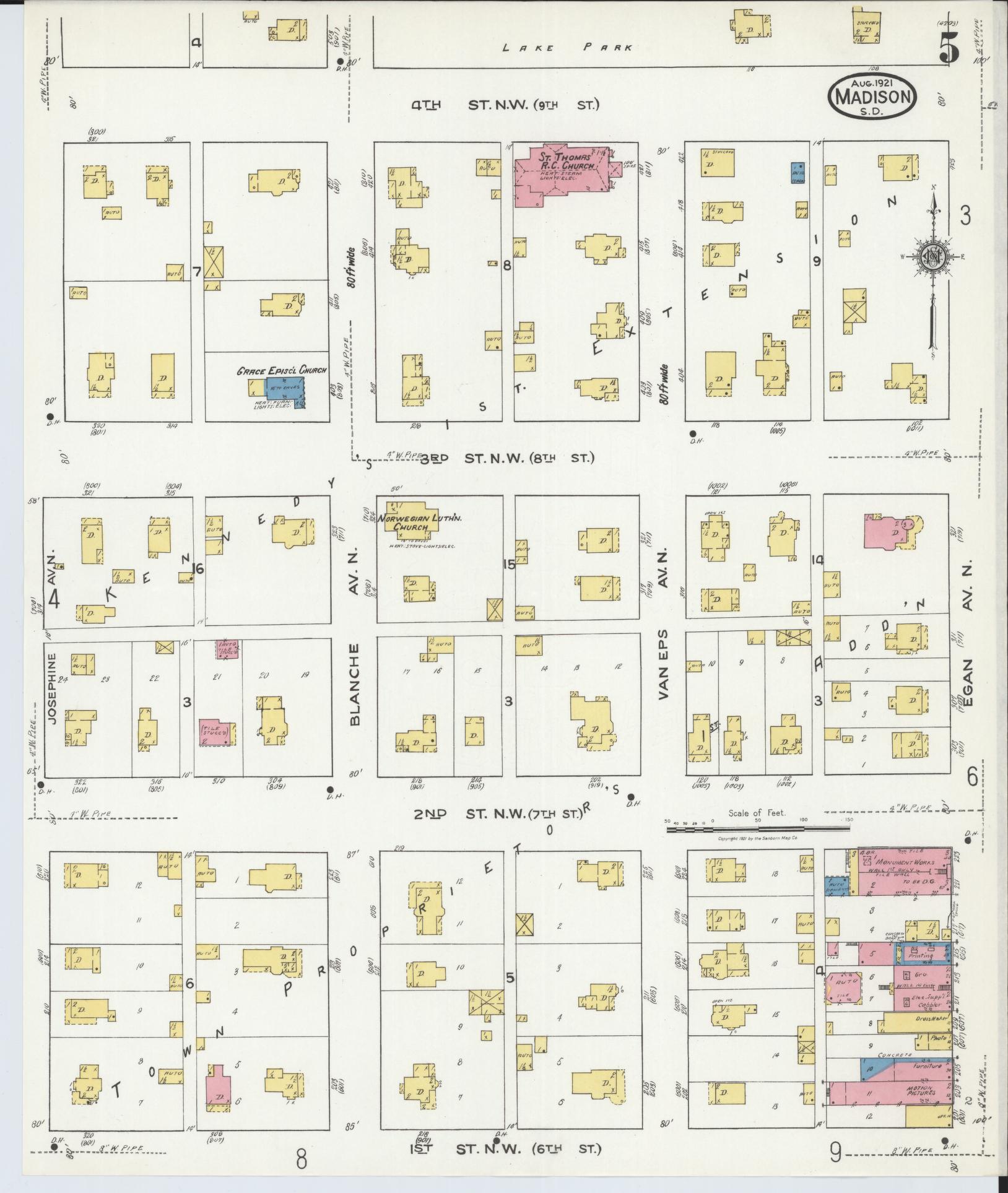 Sanborn Fire Insurance Map from Madison, Lake County, South Dakota (1921), Sheet #0005 - Historic Sanborn Fire Insurance Map Print, vintage old map wall art, antique decor, genealogy gift, South Dakota South Dakota map