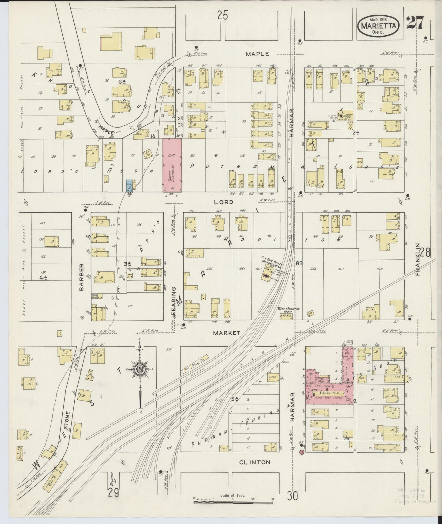 Sanborn Fire Insurance Map from Marietta, Washington County, Ohio (1915), Sheet #0027 - Historic Sanborn Fire Insurance Map Print, vintage old map wall art, antique decor, genealogy gift, Ohio Ohio map