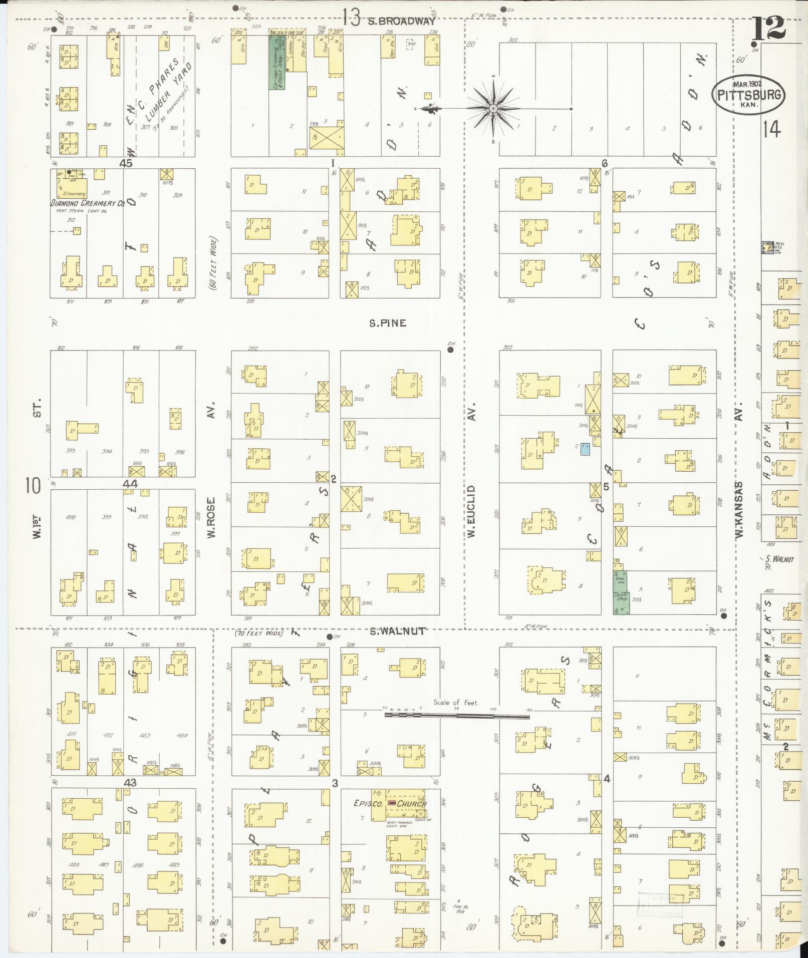 Sanborn Fire Insurance Map from Pittsburg, Crawford County, Kansas (1902), Sheet #0012 - Complete Map Set gallery image, historic Sanborn map, vintage wall art, Kansas Kansas