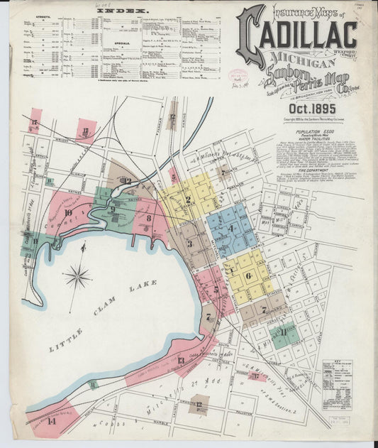 Sanborn Fire Insurance Map from Cadillac, Wexford County, Michigan (1895), Sheet #0001 - Historic Sanborn Fire Insurance Map Print, vintage old map wall art, antique decor, genealogy gift, Michigan Michigan map